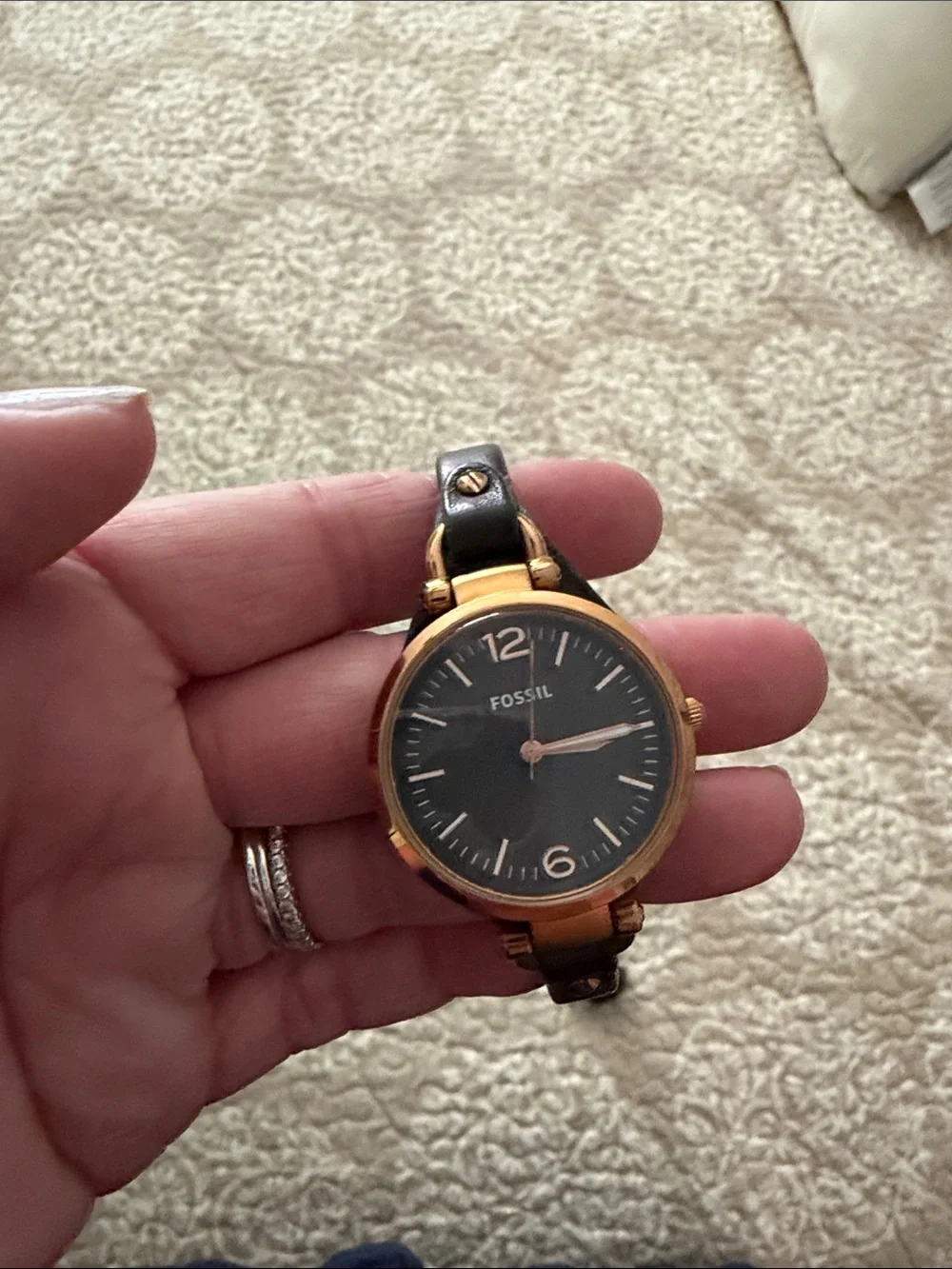 Fossil Women's Black Dial Gold-Tone Case Leather Band Watch